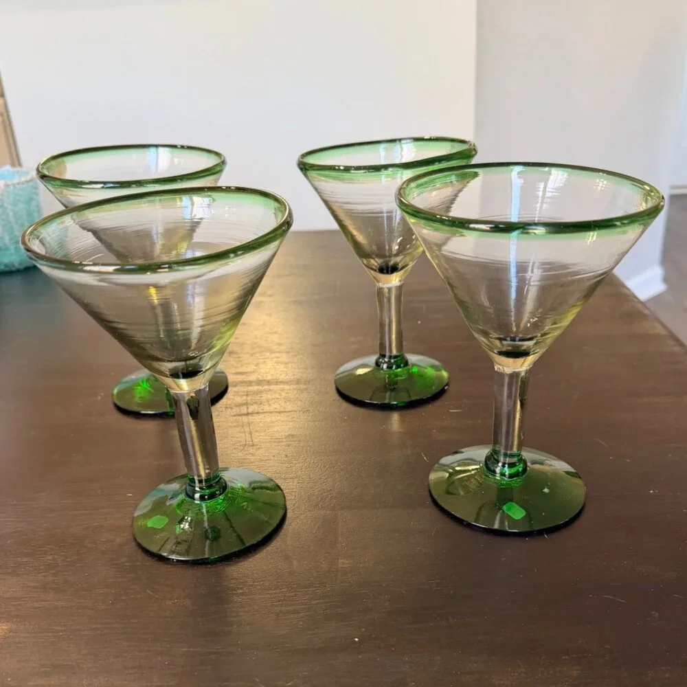 Vintage Mexican Green Rim Margarita‎ Glasses 8 oz Set of Four